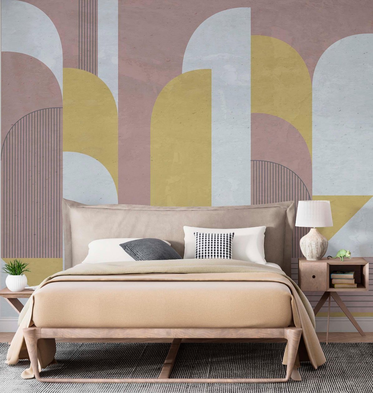 The primary bedroom has a wallpaper mural in an Art Nouveau style, featuring elegant designs in soft pink and yellow tones. The intricate patterns flow gracefully, adding a touch of vintage charm and sophistication to the space.