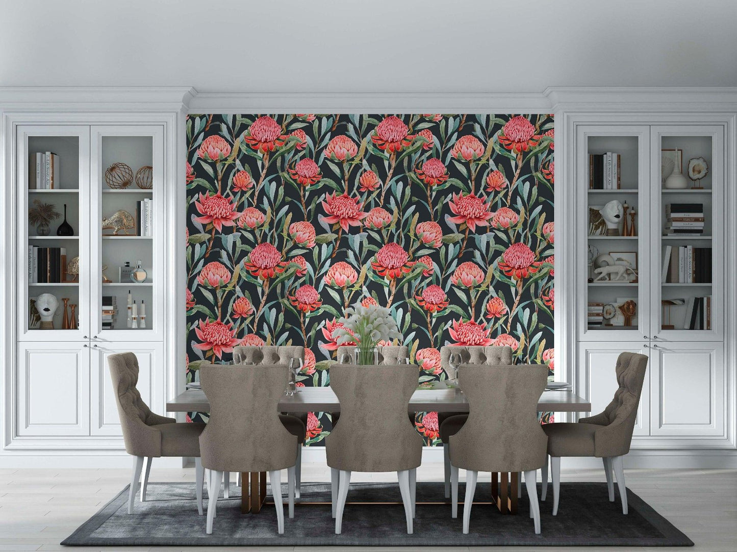 This vibrant floral wallpaper, featuring bold pink blossoms against a dark backdrop, creates a captivating focal point in your dining space. Its rich botanical design pairs beautifully with neutral tones and classic decor, offering a stylish and refined ambiance for your interiors