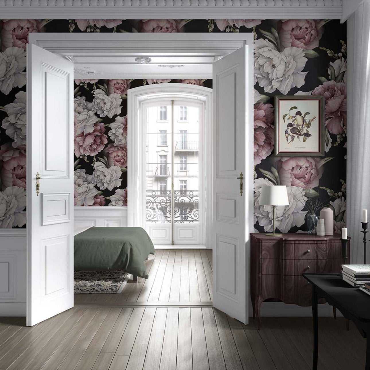 Elegant and classic bedroom decor with big flower wallpaper.