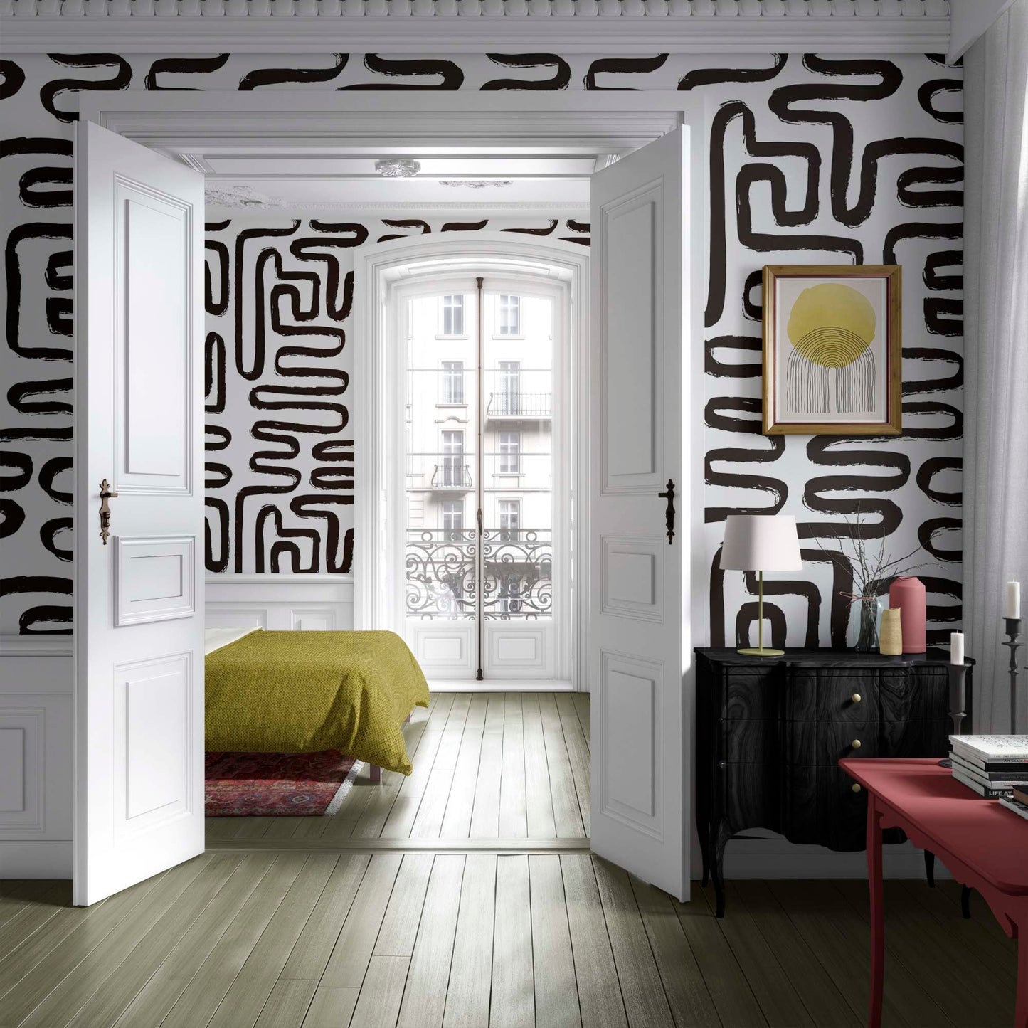 Classical_Apartment_Wallpaper_with_black and white maze design wallpaper
