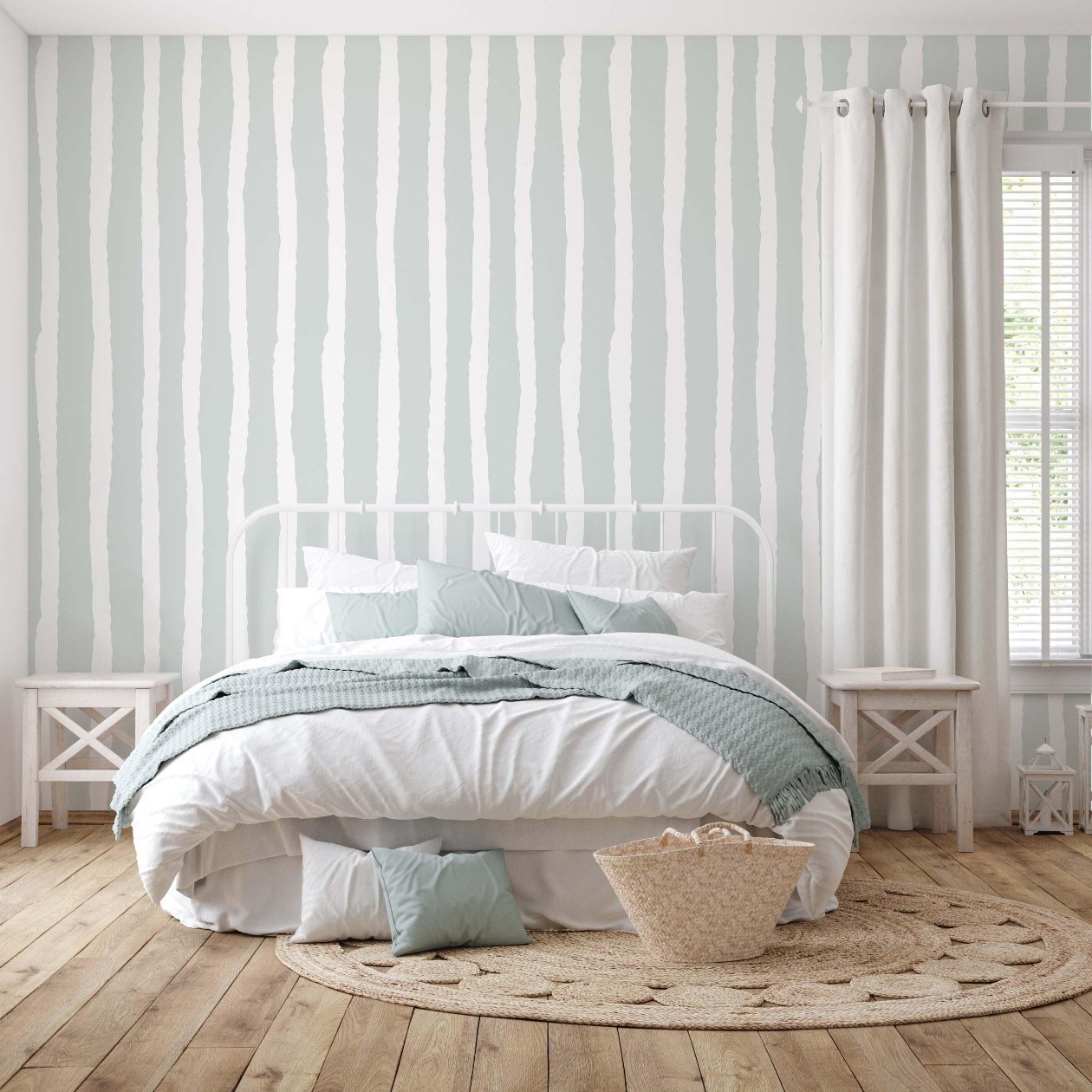 This calming bedroom design features soft mint tones, wooden flooring, a light striped accent wall, and cozy bedding, creating a relaxing retreat with natural textures and soothing colors.