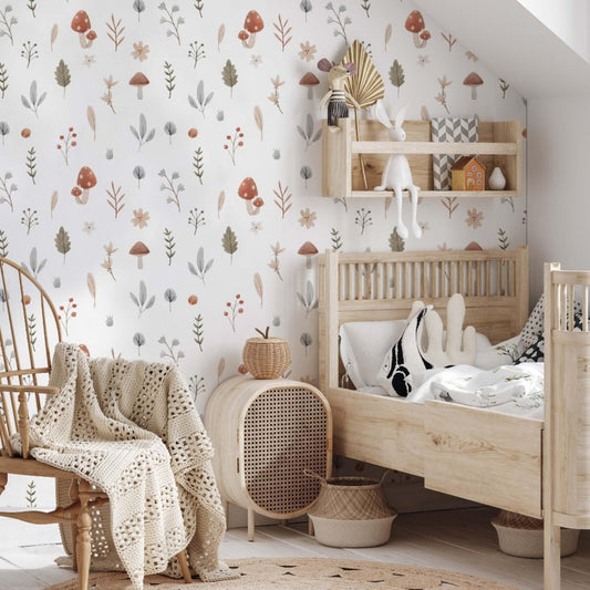 A cozy child's bedroom with a  wooden bed, a mushroom wallpaper designed for comfort and creativity in a playful environment.