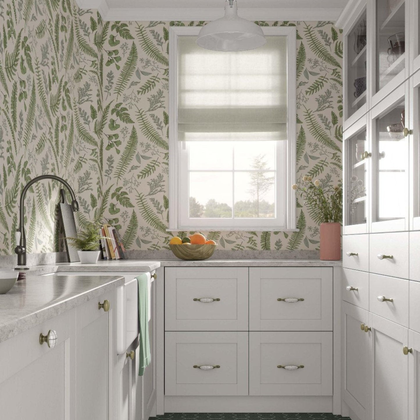 Classic french style kitchen with white cabinets and a tropical wallpaper featuring fern leaves on a beige background.