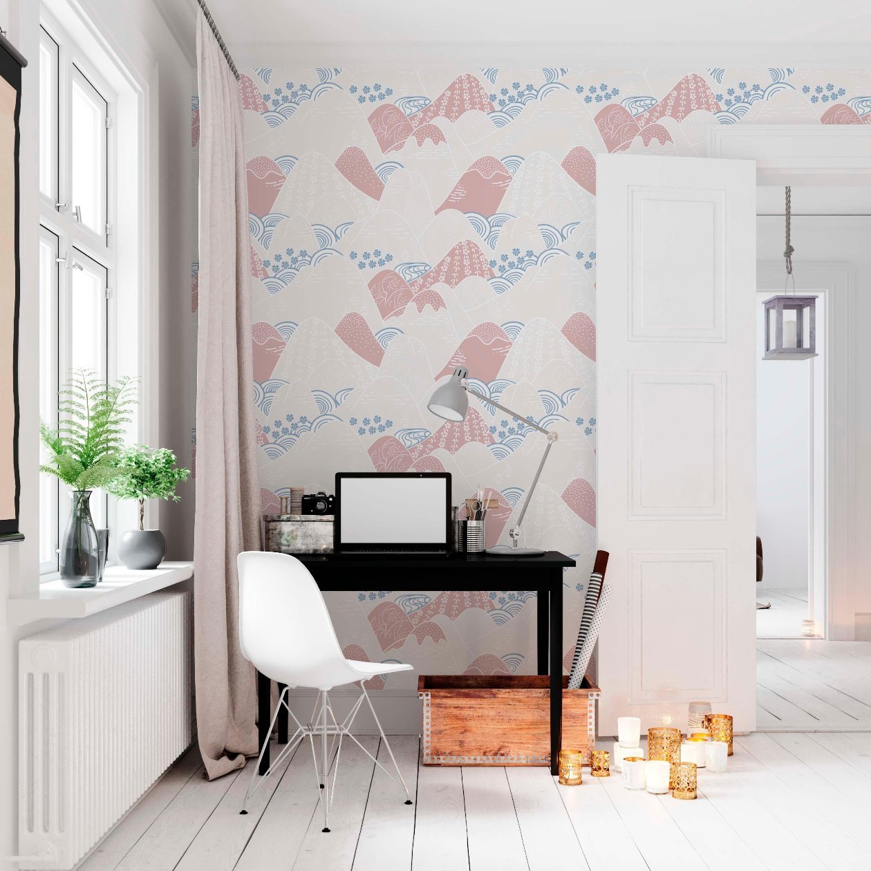 An office with a black desk, a white modern chair and white wooden floor. The walls are decorated with pastel wallpaper featuring pink and blue mountain motifs.