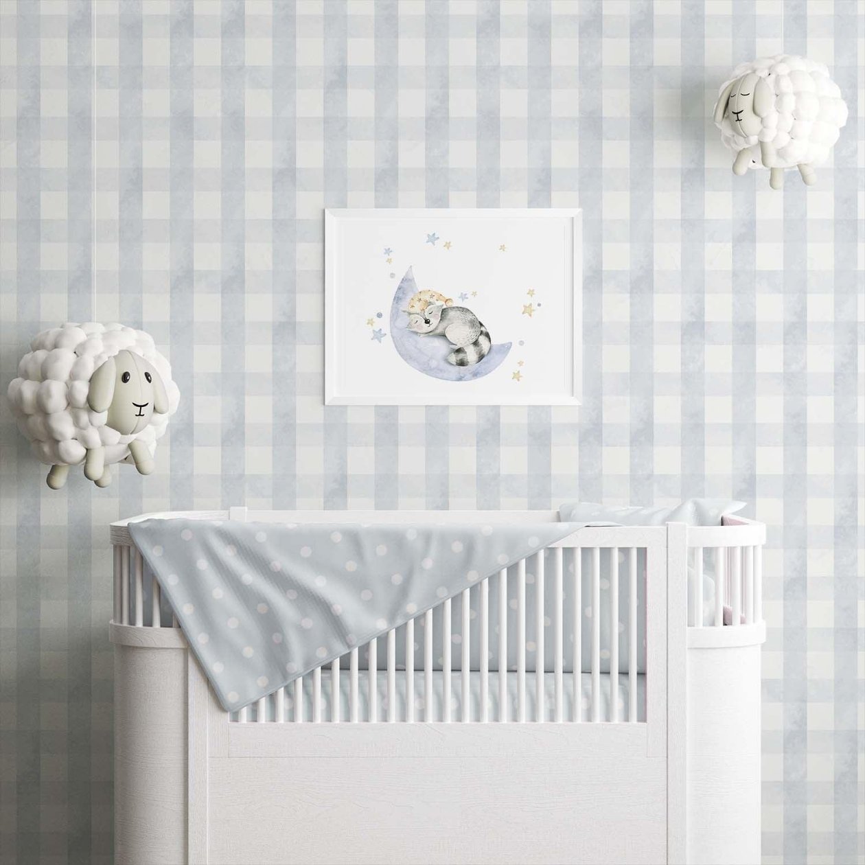 A charming nursery adorned with a grey and white vichy checkered wallpaper, perfect for a baby's peaceful environment.