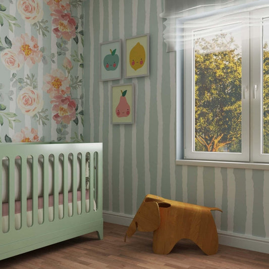 Create a peaceful nursery with this charming wallpaper, combining delicate pastel florals and subtle stripes. The gentle design blends soothing colors, making it a perfect backdrop for a calm and cozy baby room. Ideal for parents seeking a soft, whimsical touch in their child's space.