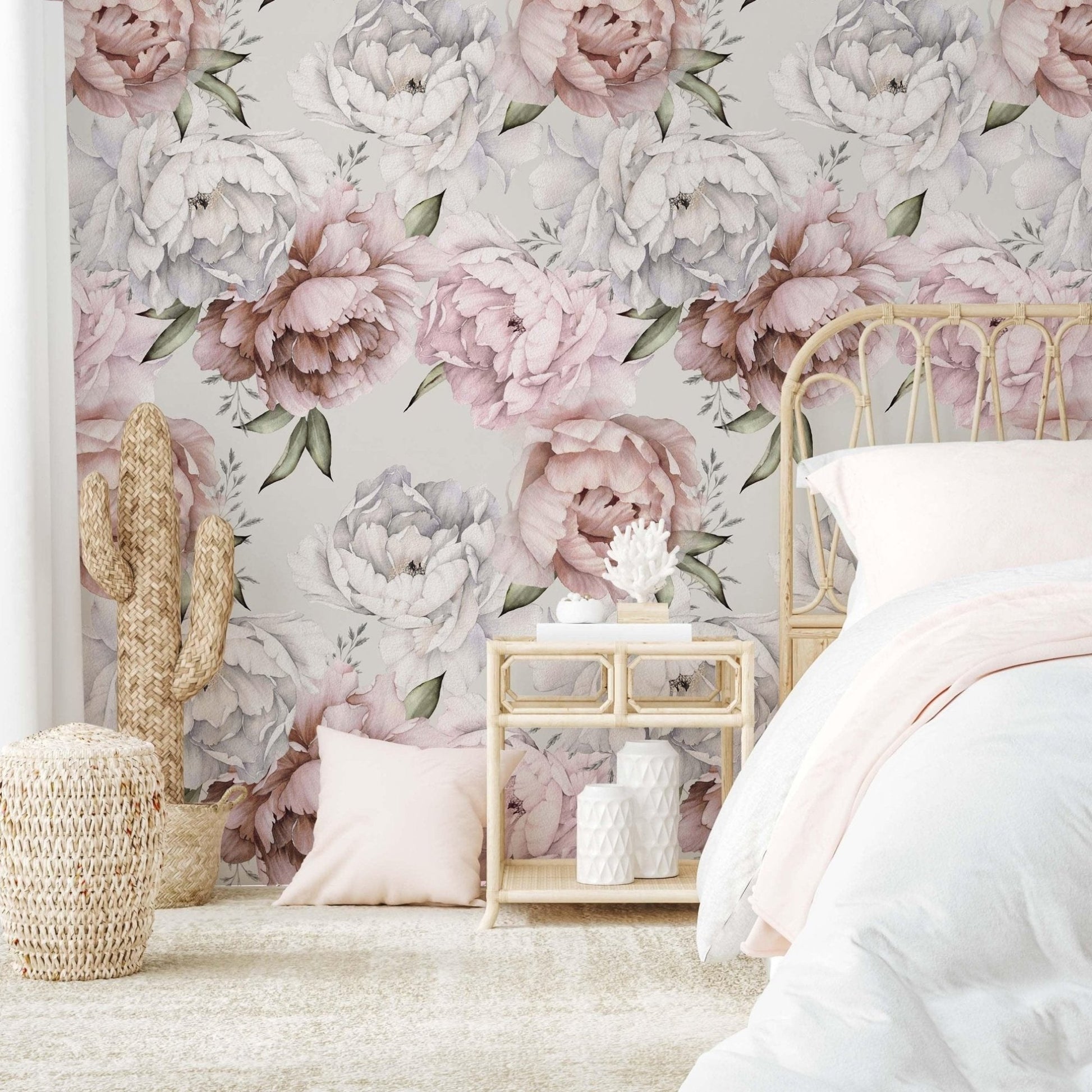 Elegant floral wallpaper with large, pastel-colored peonies in shades of blush pink, cream, and muted lavender on a light background, adding a romantic touch to a bedroom.