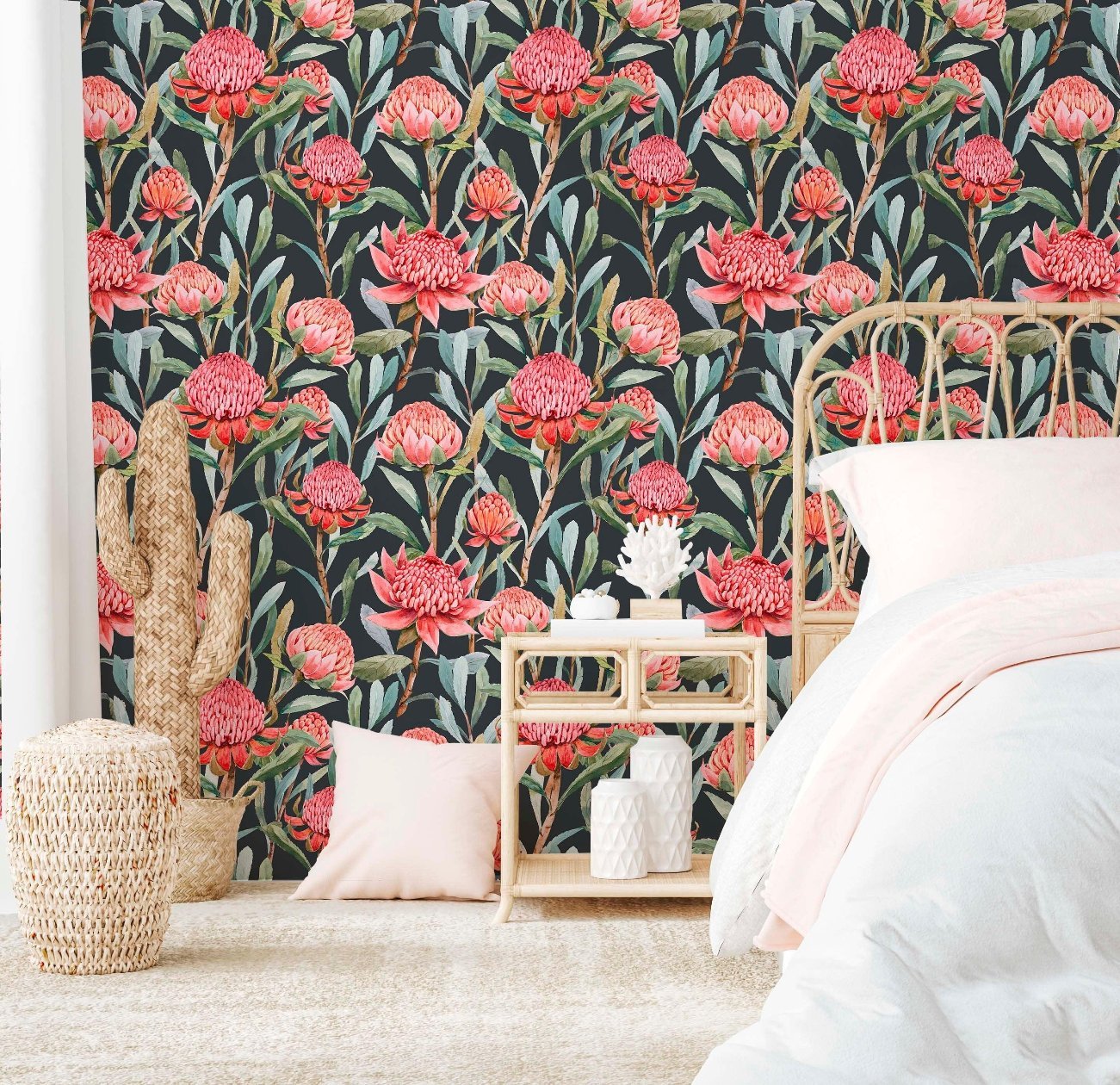 Adorn your bedroom with this bold floral wallpaper featuring bright pink blooms against a deep background. The lively botanical design pairs effortlessly with natural accents and soft linens, creating a serene yet striking atmosphere perfect for a cozy and inviting space.