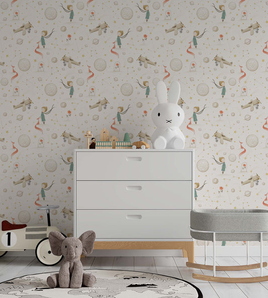 Adorable nursery wallpaper with illustration of airplanes, planets and little prince in pastel colors.
