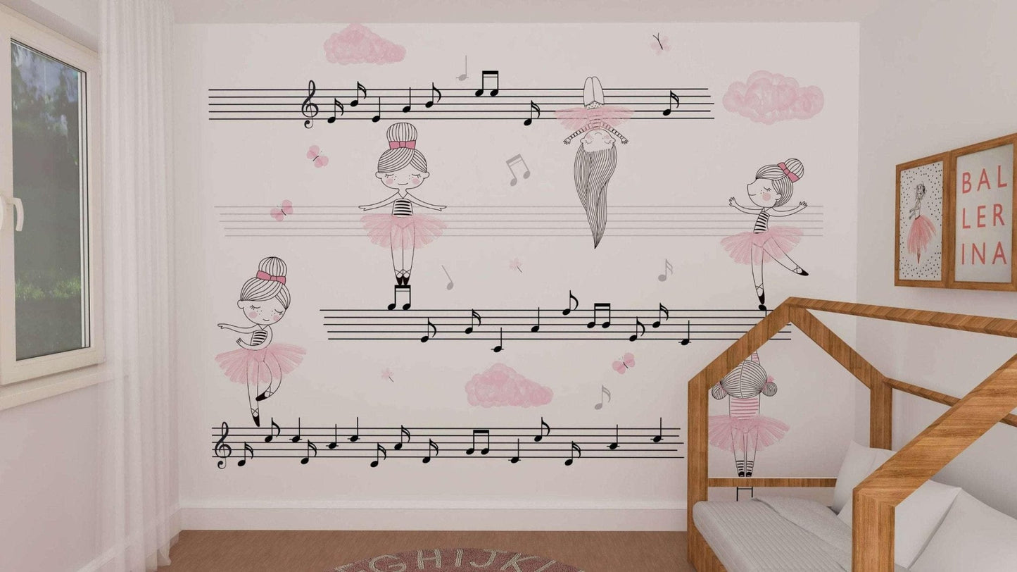 A young girl's room decorated with a pink and white ballerina mural, featuring dancers in various poses performing on pentagrams with musical notes surrounding them.
