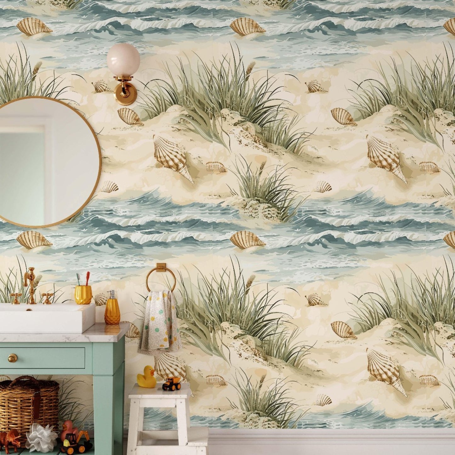 A tranquil bathroom showcasing a colorful mural of a beach and seashells on the wall, enhancing the coastal ambiance