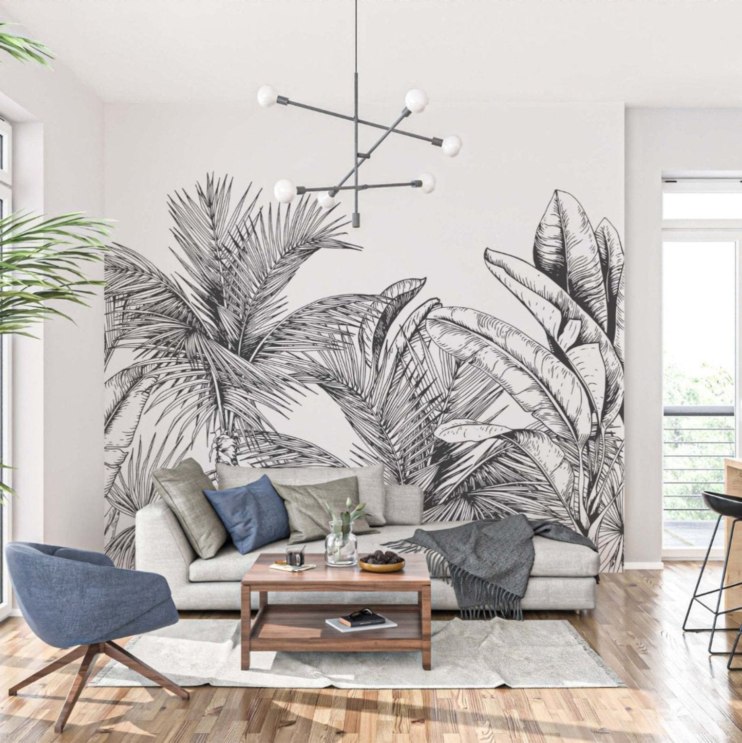 A contemporary living room featuring a large, vibrant tropical wall papermural in black and white that enhances the modern aesthetic of the space.