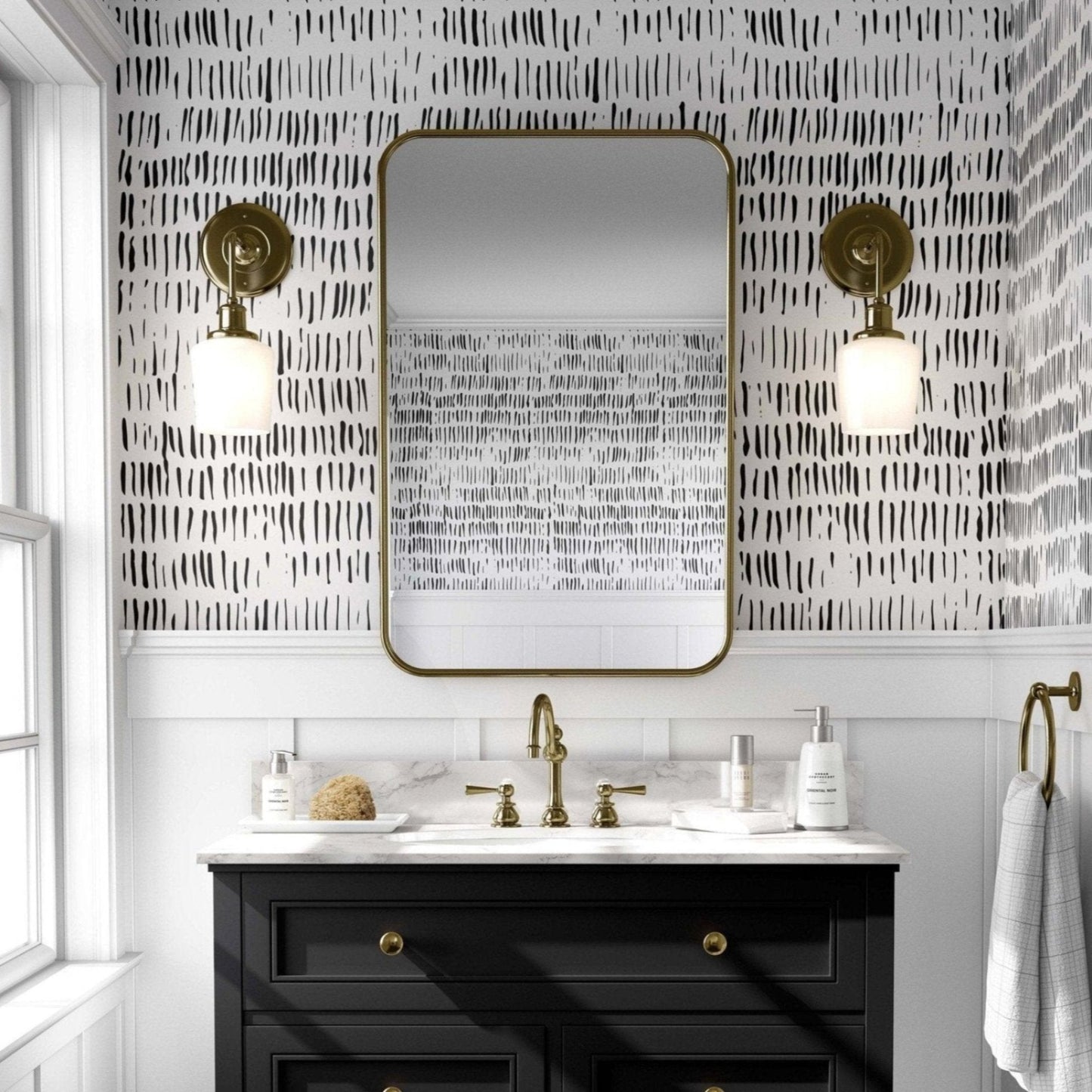 A black and white abstract wallpaper with irregular vertical strokes wallpaper for a perfect bathroom decor