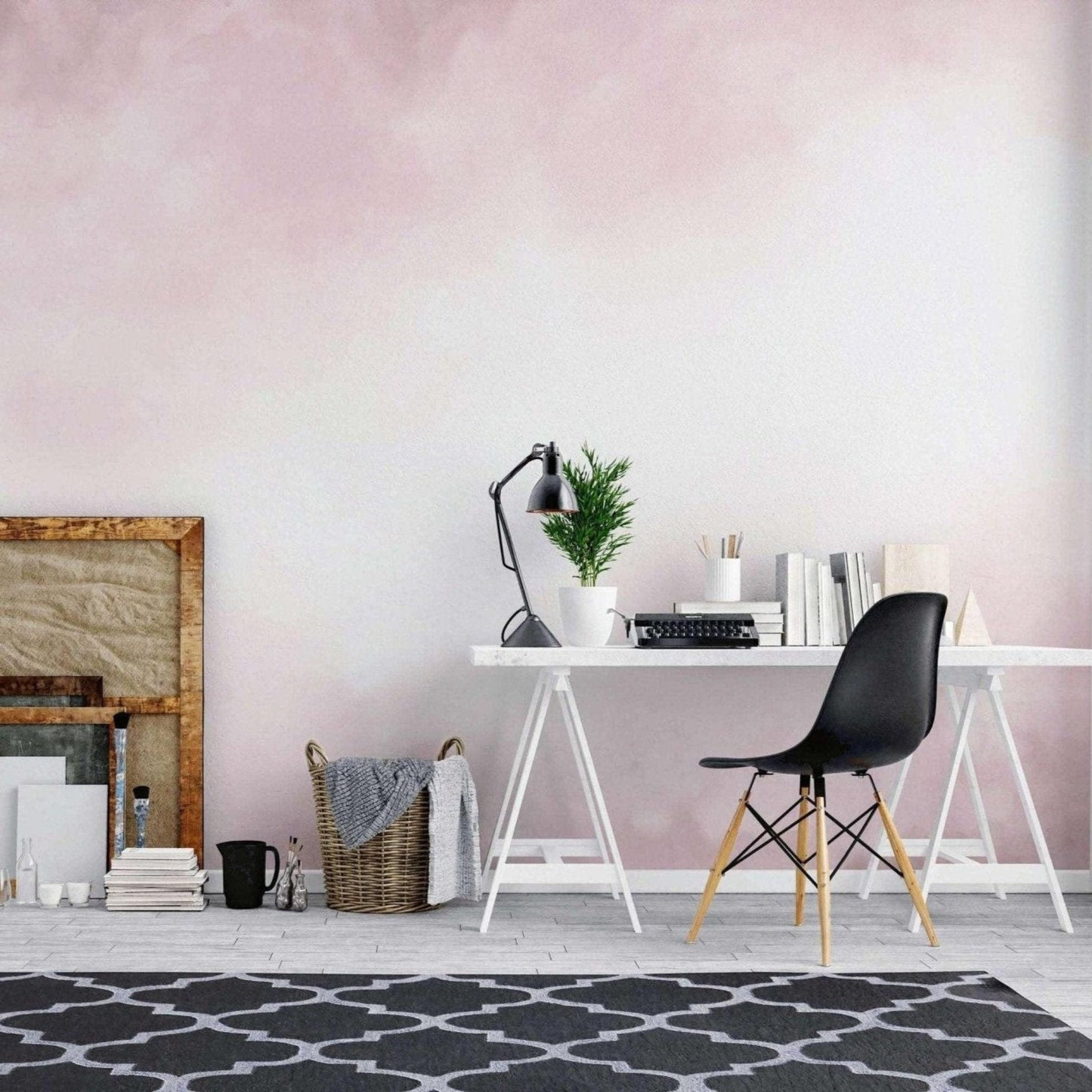 cloudy pink sky wallpaper mural in an office space