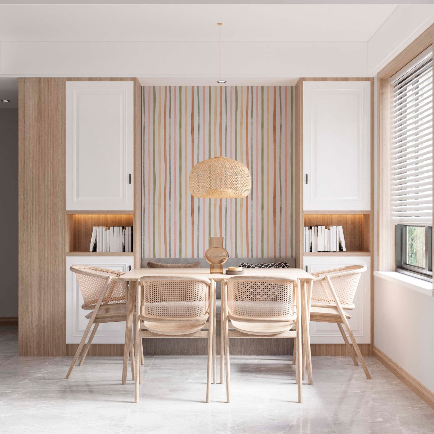 cozy dining room with a stiped wallpaper
