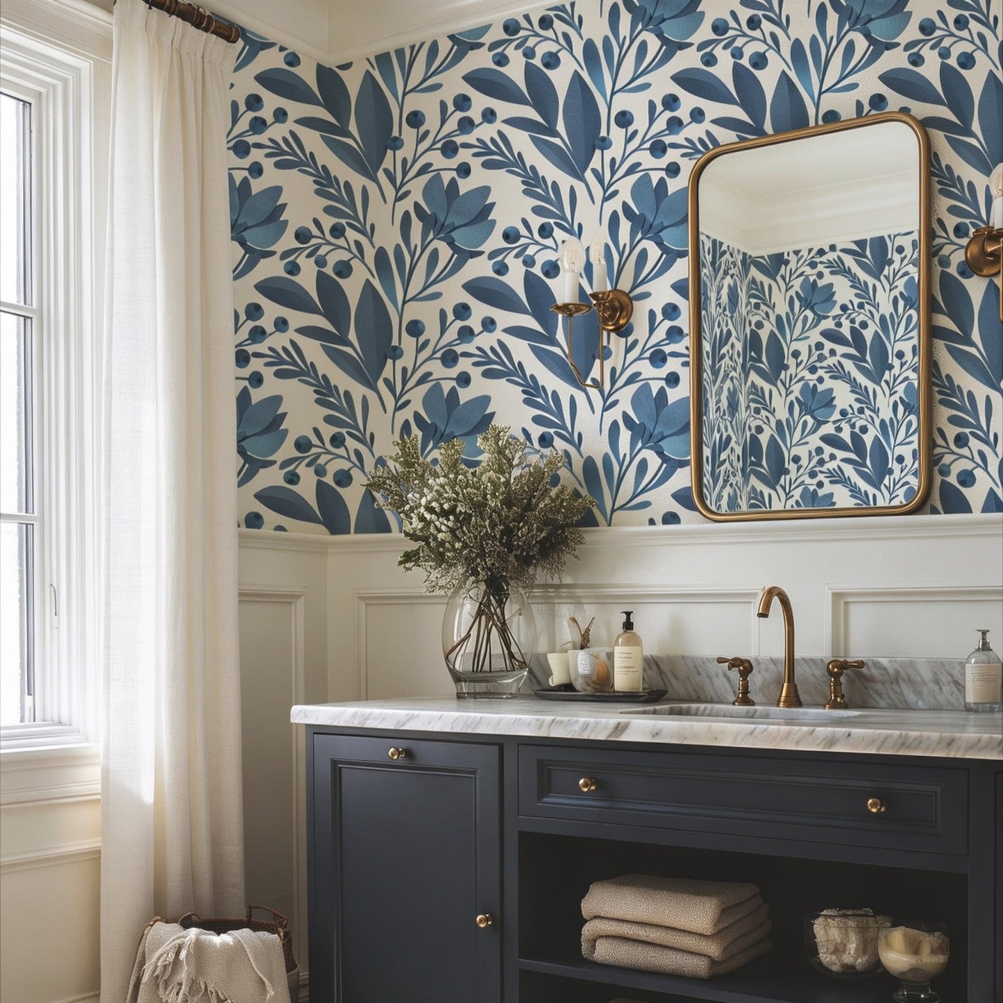 Dark blue floral botanical wallpaper mural in a bathroom, deep navy tones with white florals