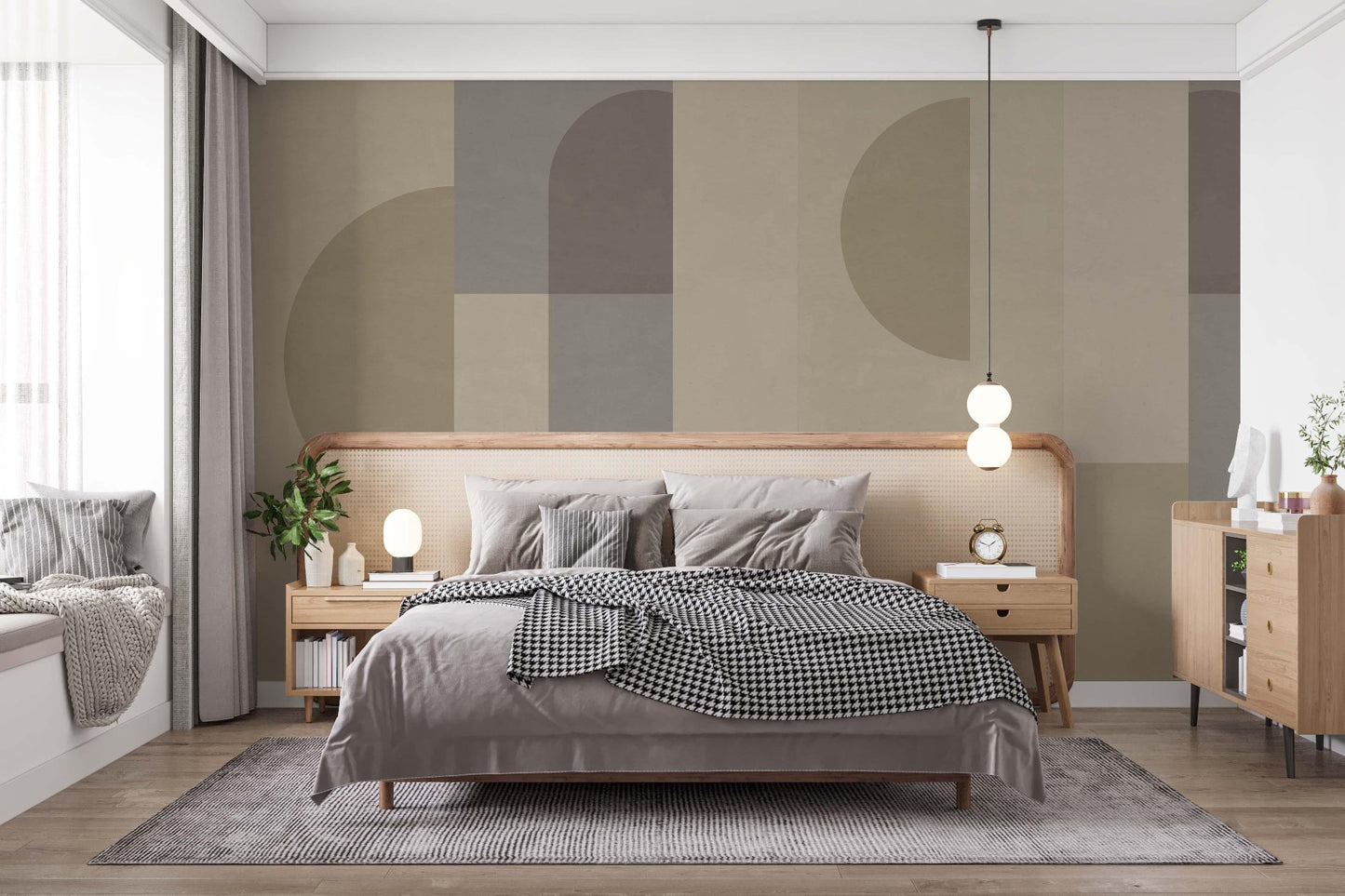 A cozy bedroom featuring a bed, a nightstand, and an artistic geometric wall mural-