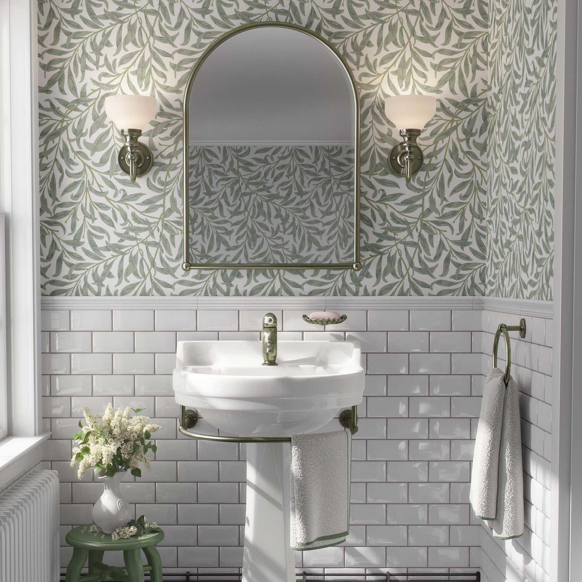 green leaves wallpaper in powder room. william morris design