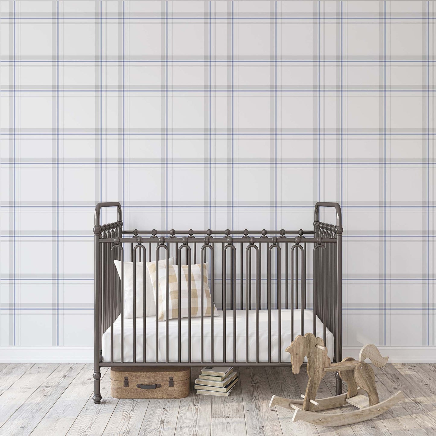 kids bedroom with blue and grey checkered wallpaper