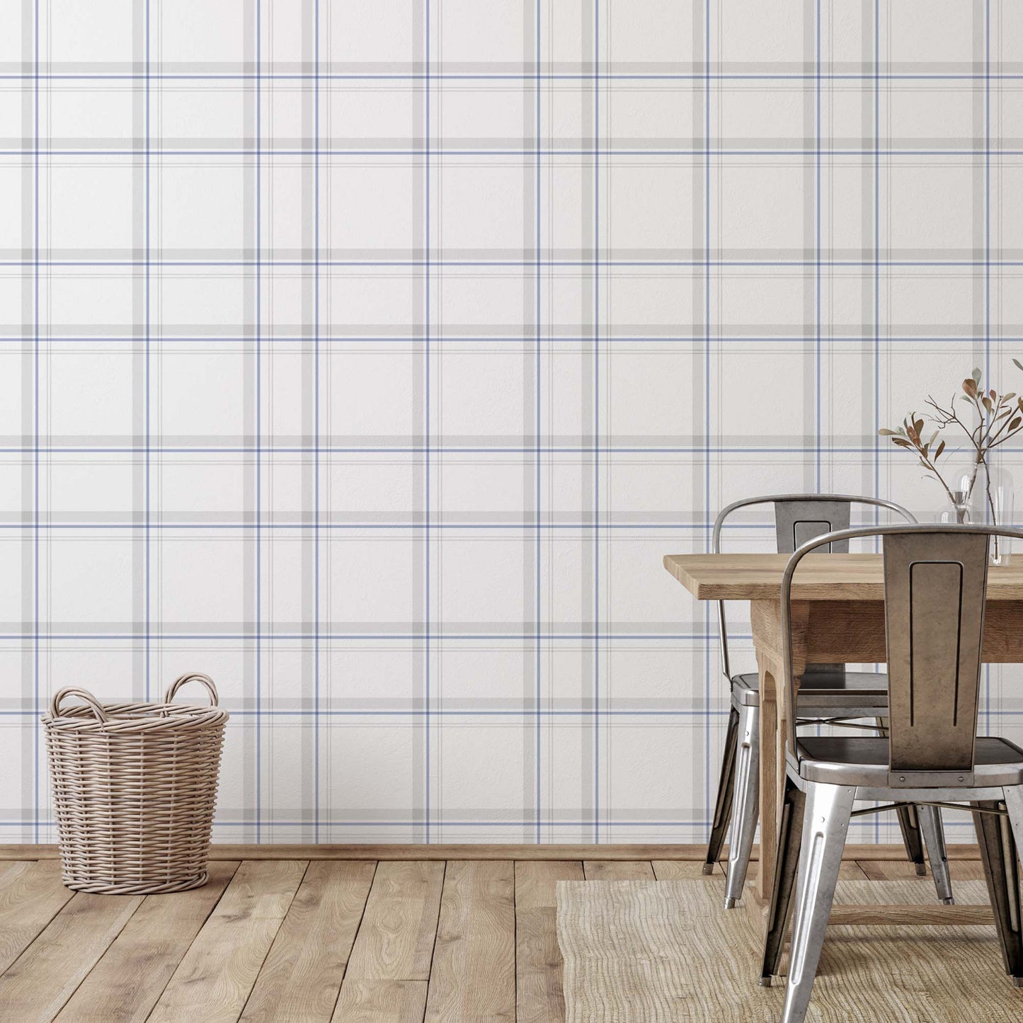 farmhouse dining room with blue and grey plaid wallpaper