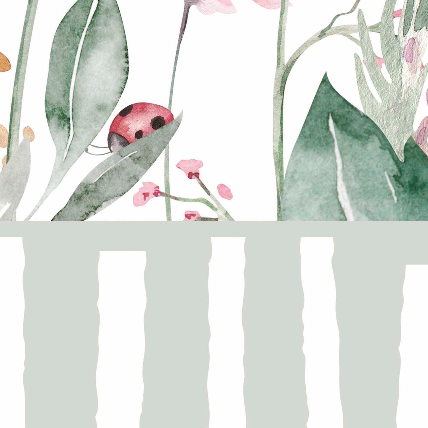 Detail of the wallpaper mural with combination of the floral illustration on top and the sage green and white striped base.