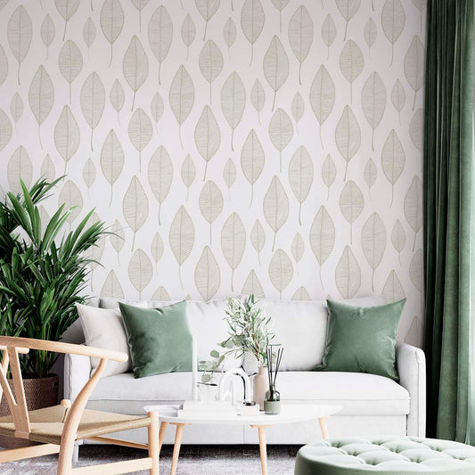 cat- 659356549448 Bright living room featuring a minimalist beige leaf wallpaper with a delicate linear pattern, styled with a white sofa, sage green velvet pillows, matching curtains, and a wooden armchair.