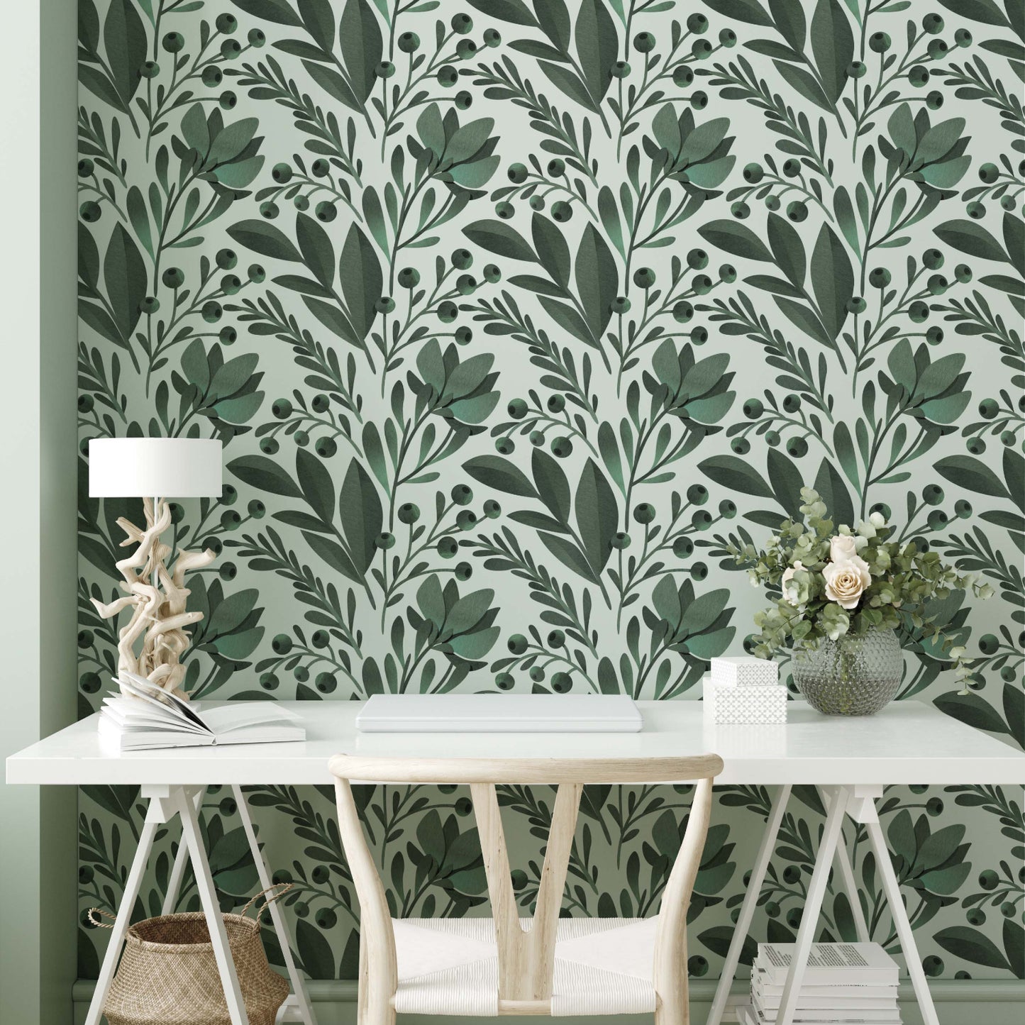 green leaves wallpaper in office with a white desk