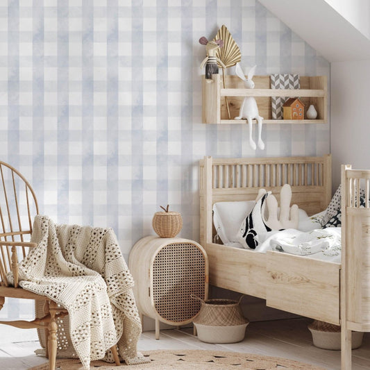 A cozy child's bedroom adorned with white and grey checkered vicky wallpaper, enhancing the playful decor.