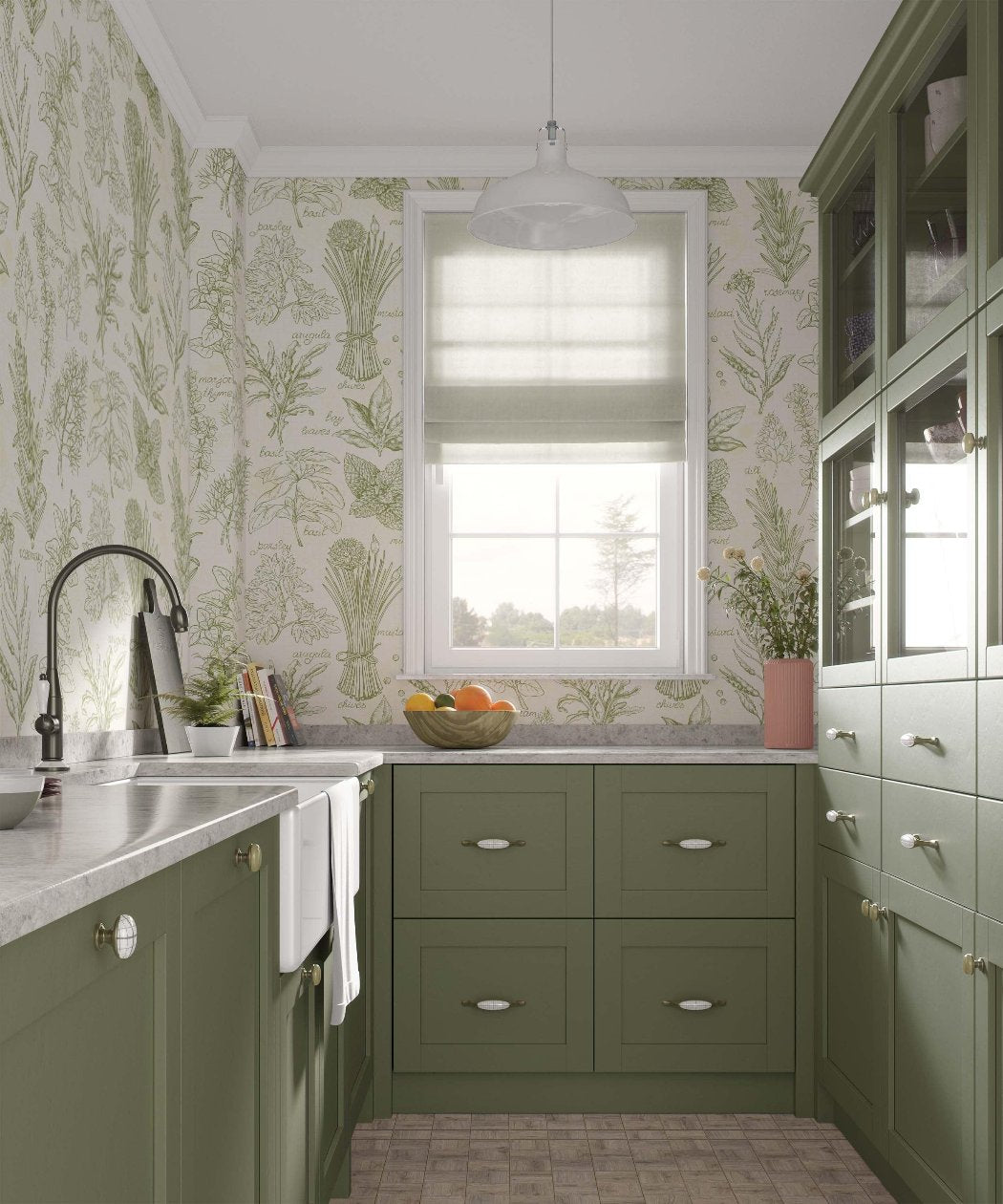 A contemporary kitchen design with vibrant green cabinets and a sleek white sink, with a decorative wallpaper of various herbs and spices, highlighting their unique shapes and colors in an artistic arrangement, offering a cheerful ambiance.