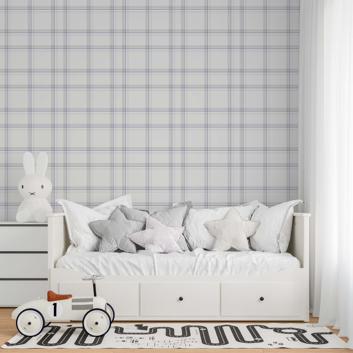 kids_bedroom_with_checkered_wallpaper and a white bed