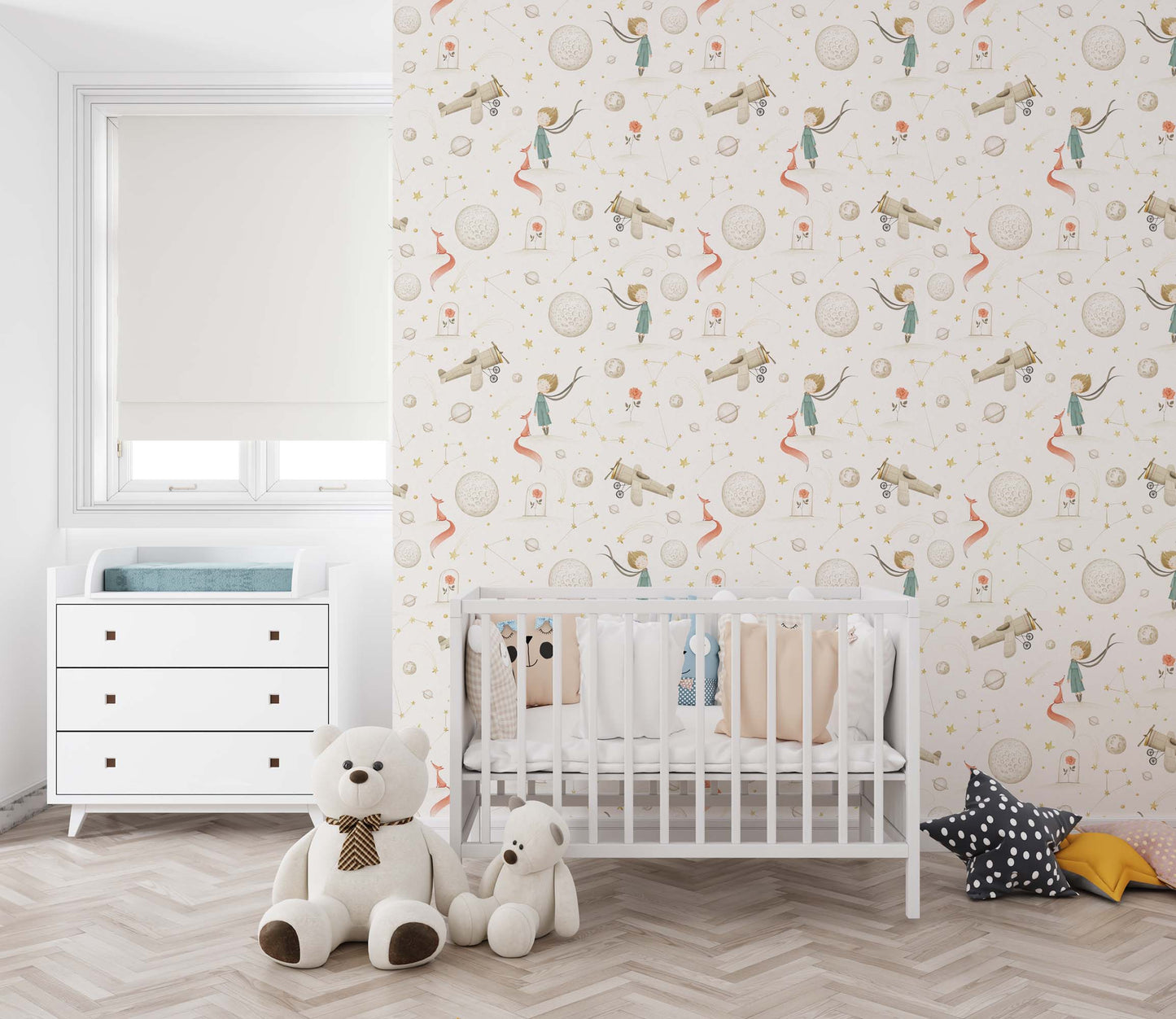 white crib and a Little Prince wallpapered wall