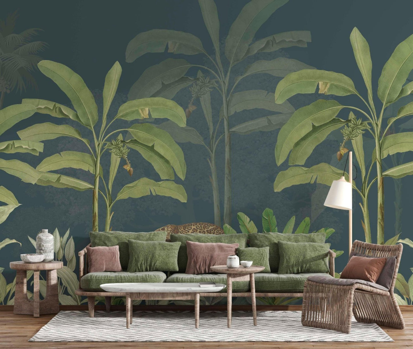Bold and moody wallpaper featuring tropical trees and a leopard.