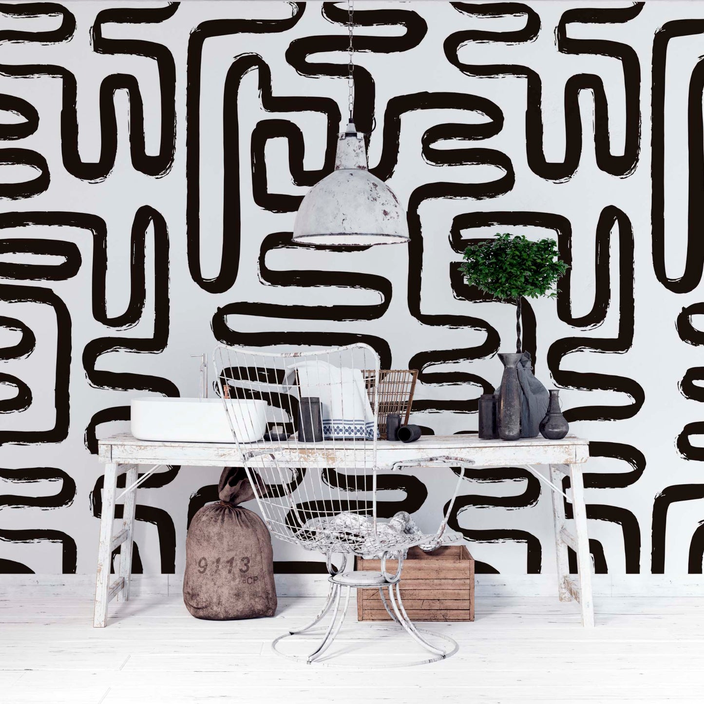 rustic office with a black and white wallpaper