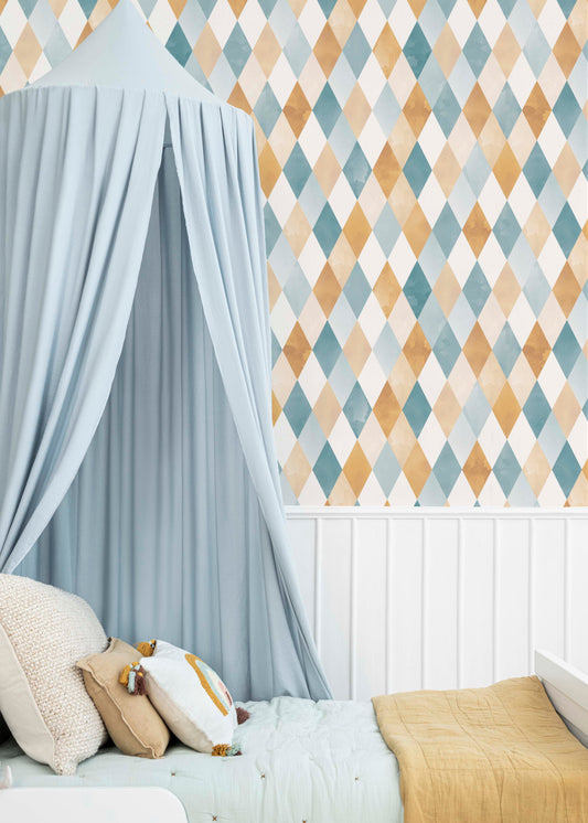 A cozy bedroom featuring a light blue canopy over a bed with decorative pillows. The wall is adorned with a colorful diamond-patterned wallpaper in shades of blue and orange