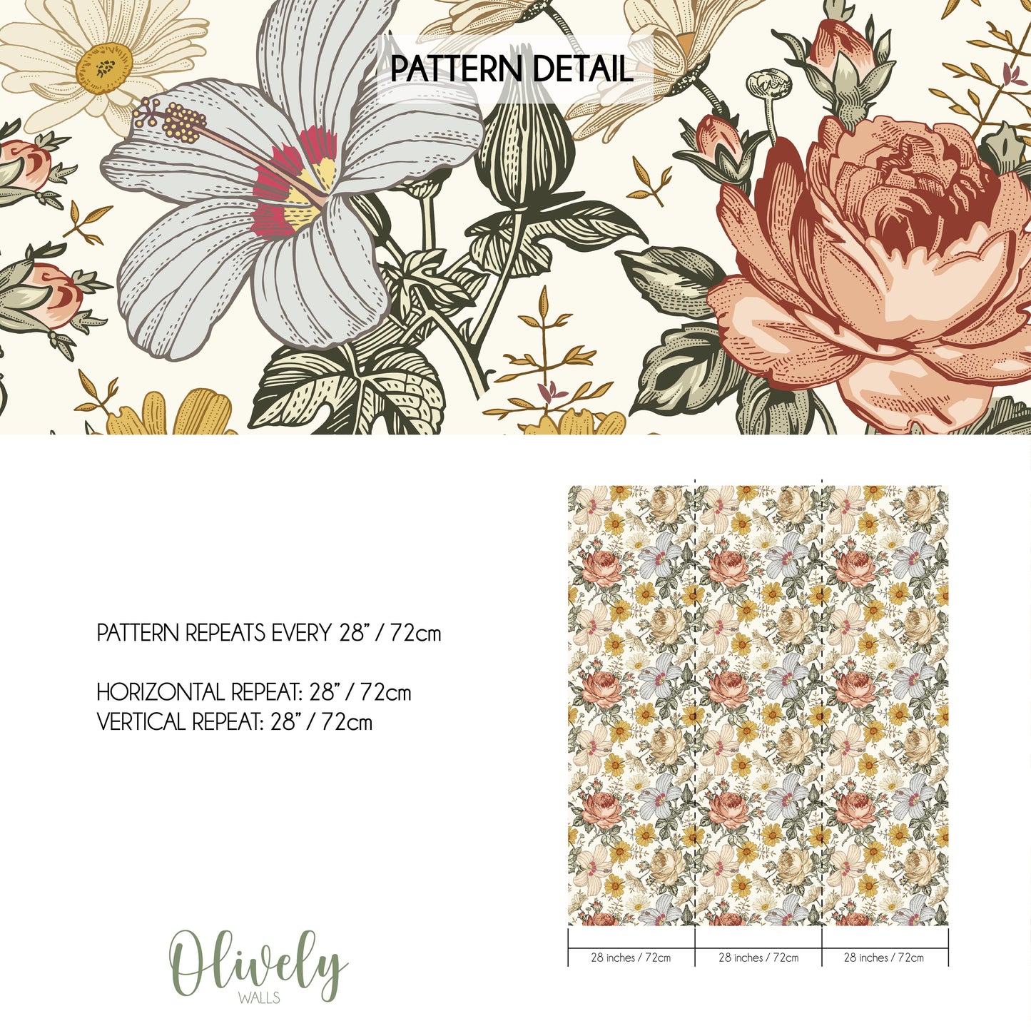 Rose and daisy pattern wallpaper