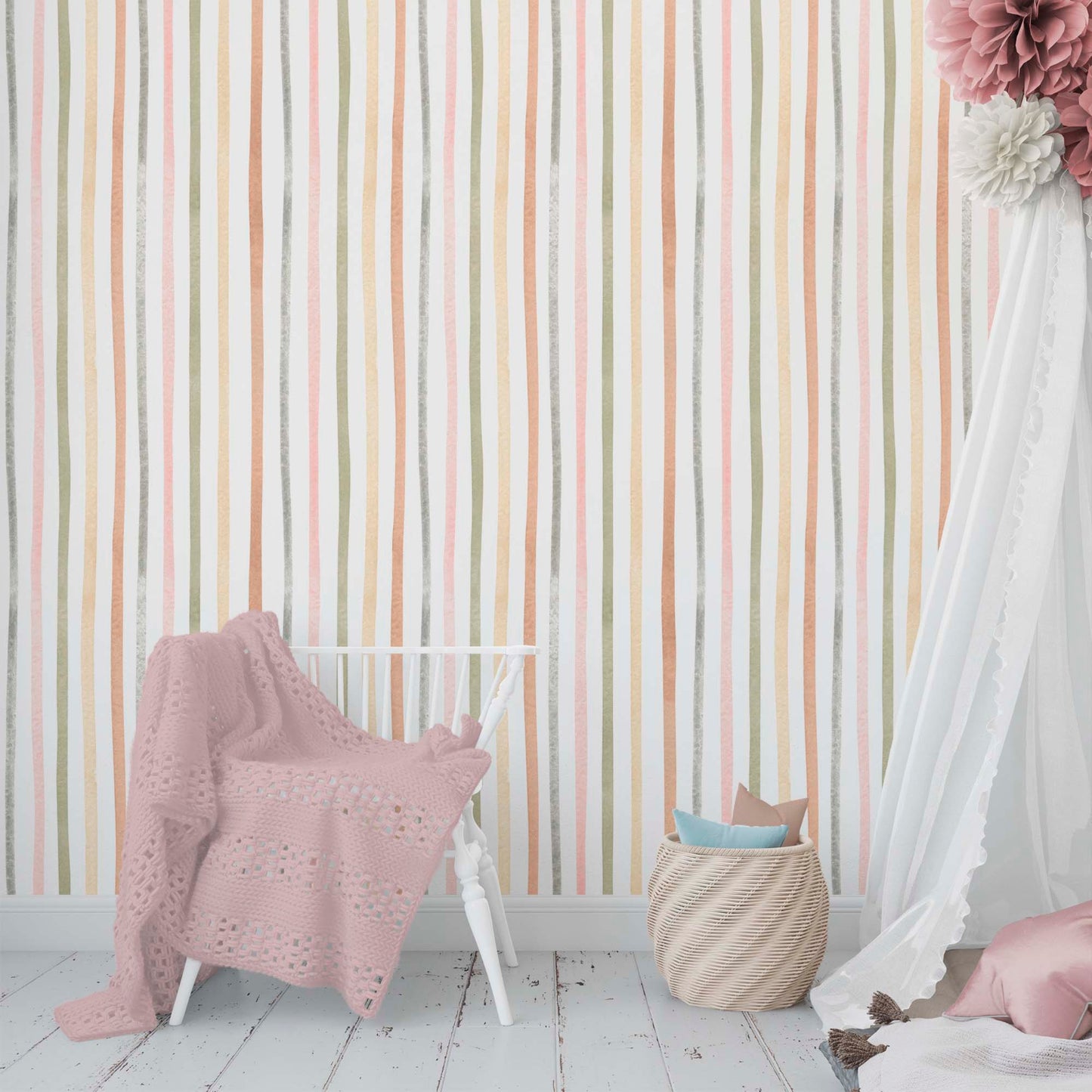 nursery bedroom with multicolored_striped_wallpaper