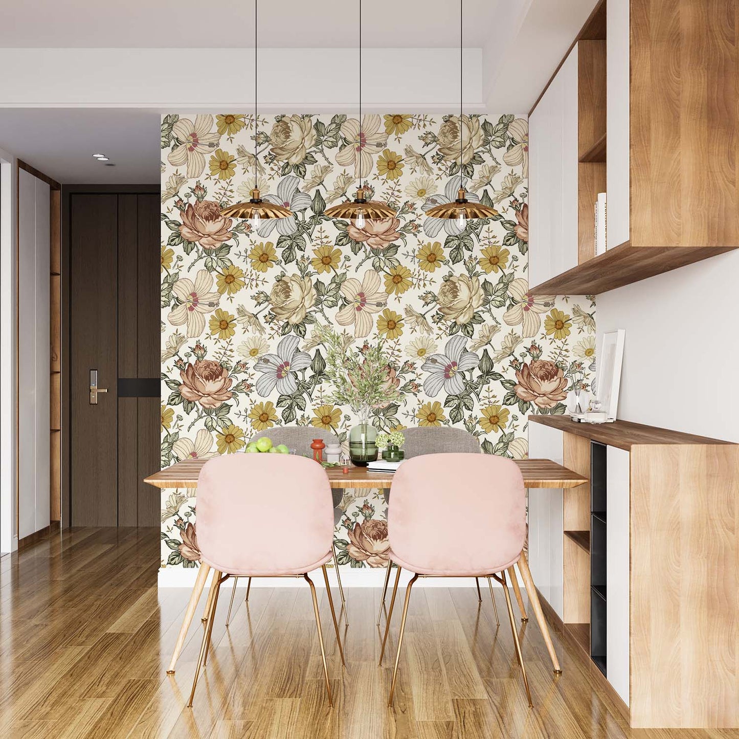 Rose and daisy pattern wallpaper