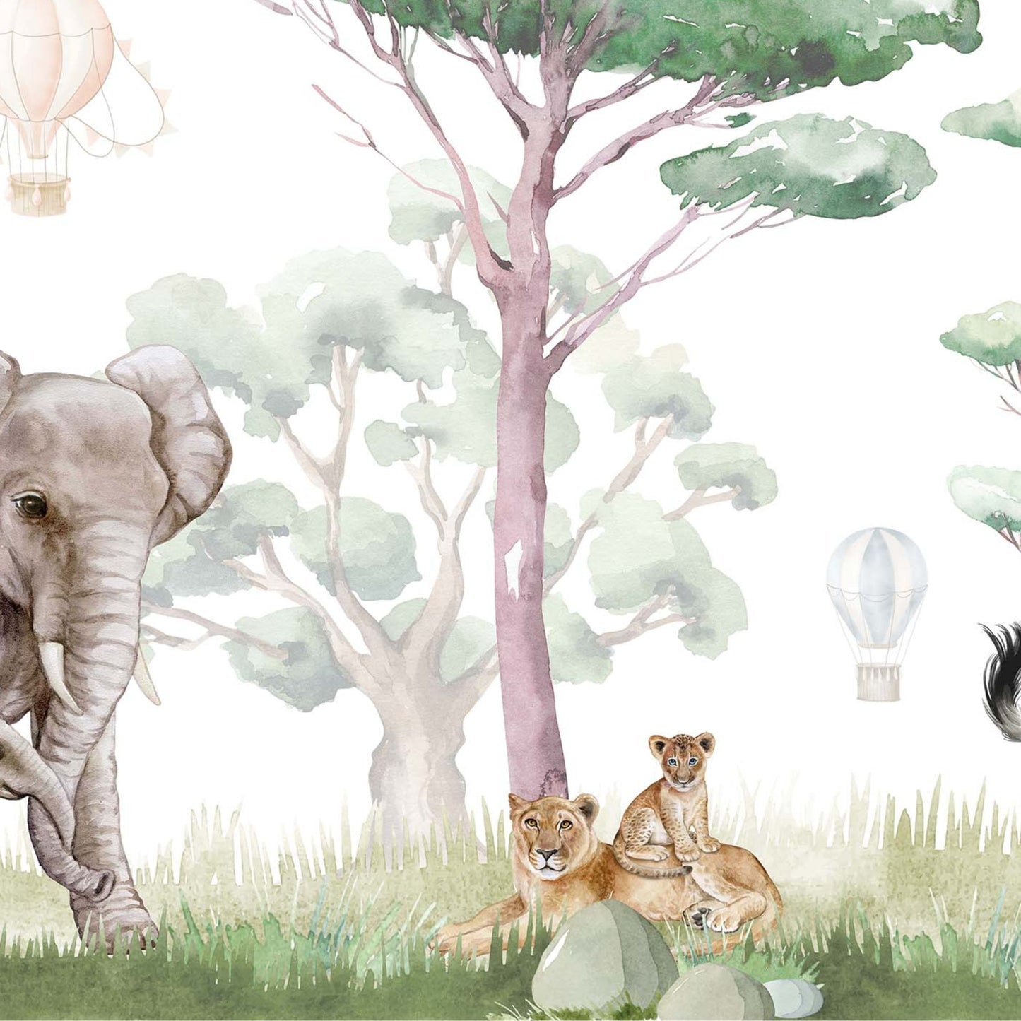 Close-up detail of Safari Animals wallpaper mural showing watercolor elephant, lioness with cub and hot air balloons on white background