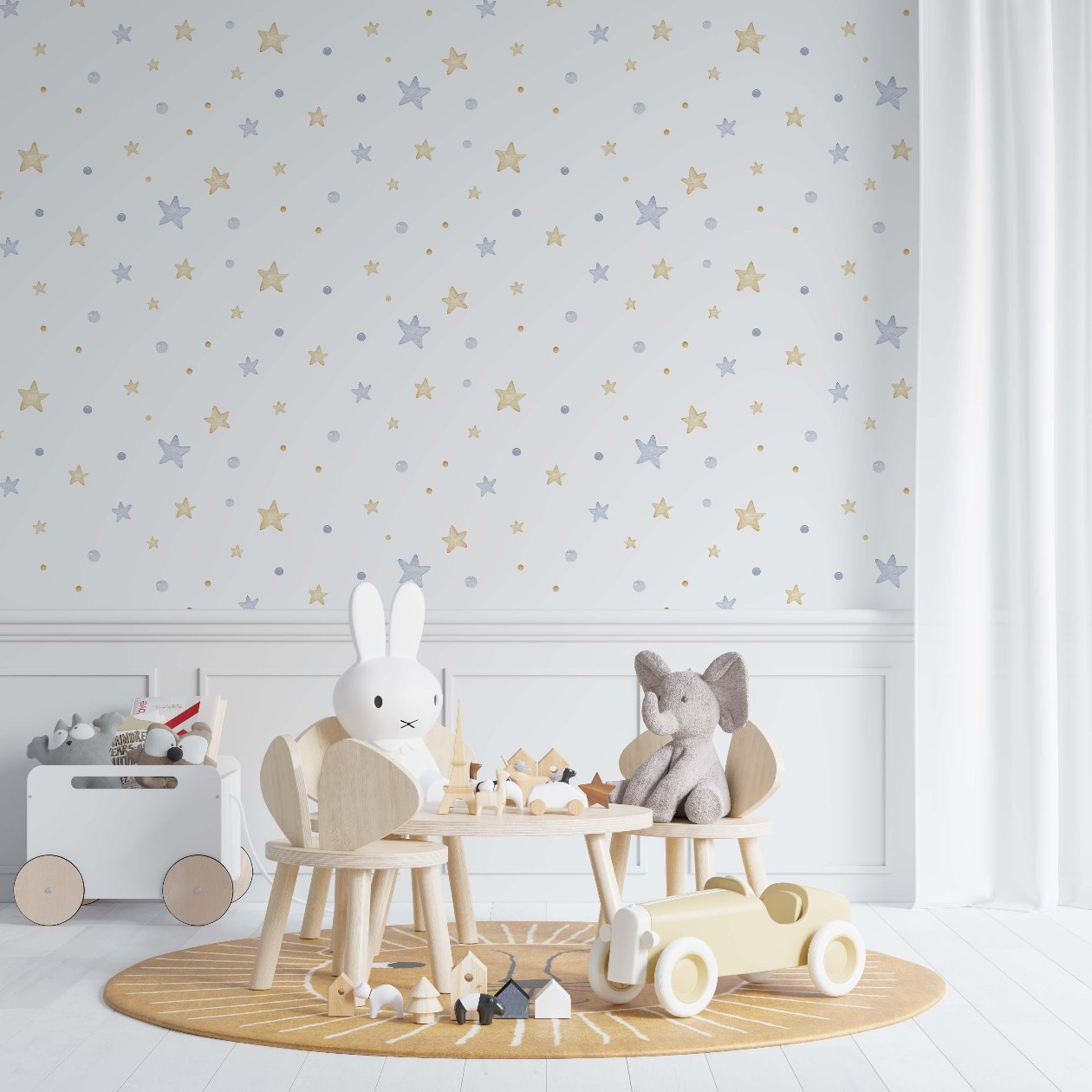 A cozy children's playroom featuring light wooden furniture, including animal-shaped chairs with a bunny and elephant toy. The room has star-patterned wallpaper in soft gold and blue tones, a sun-themed round rug, and wooden toys scattered on the floor, creating a peaceful and playful environment.