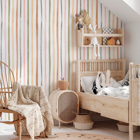 childrens bedroom with pink, green and yellow stripes