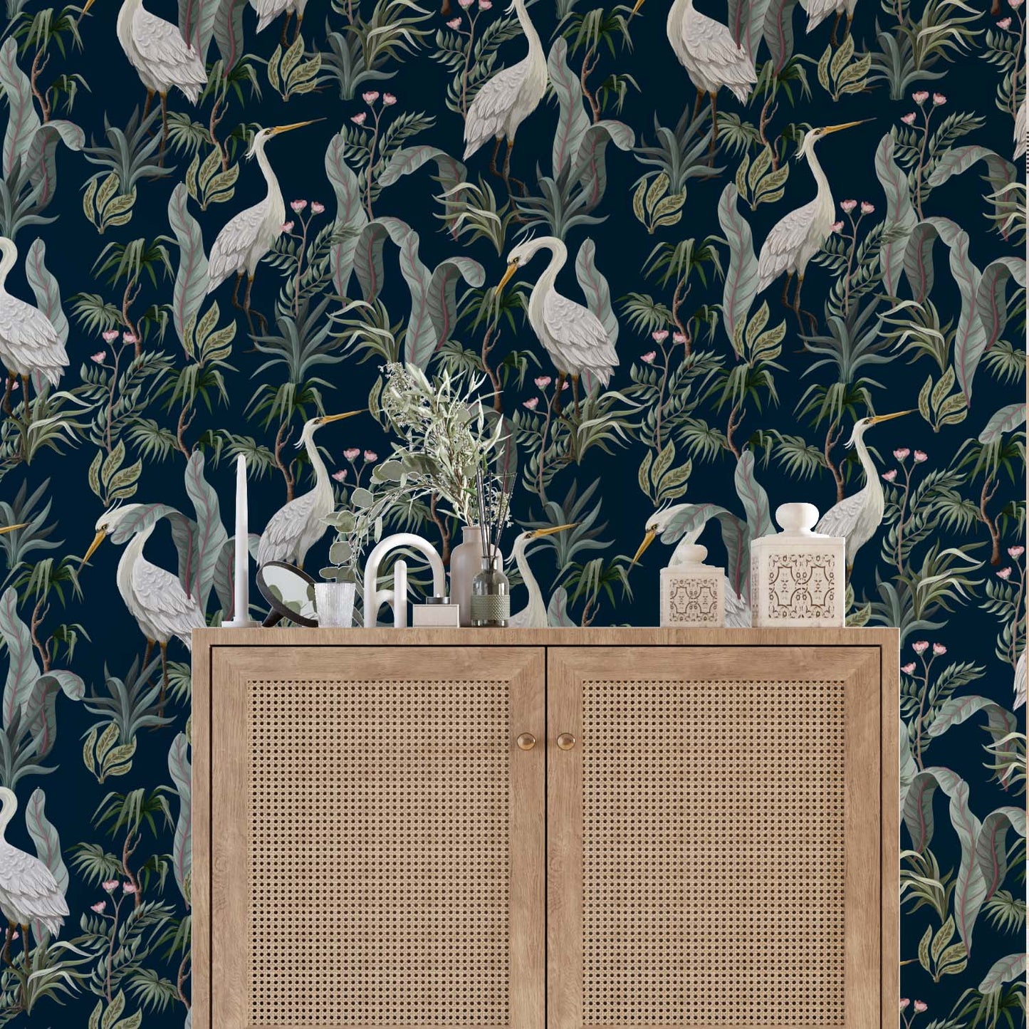 tropical_leaves_and_storks_wallpaper in hall