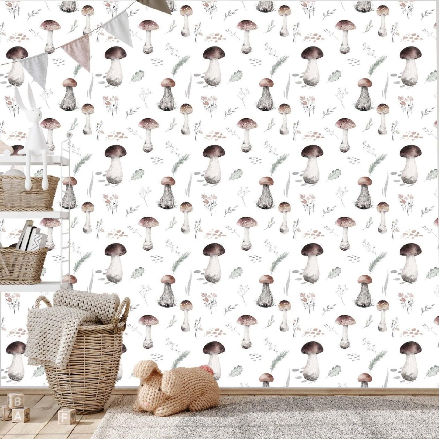A child's room adorned with whimsical mushroom-patterned wallpaper, creating a playful and imaginative atmosphere.