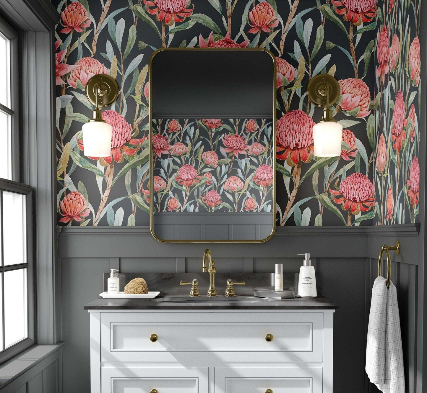 Pink flowers wallpaper with a black background for a perfect bathroom decor