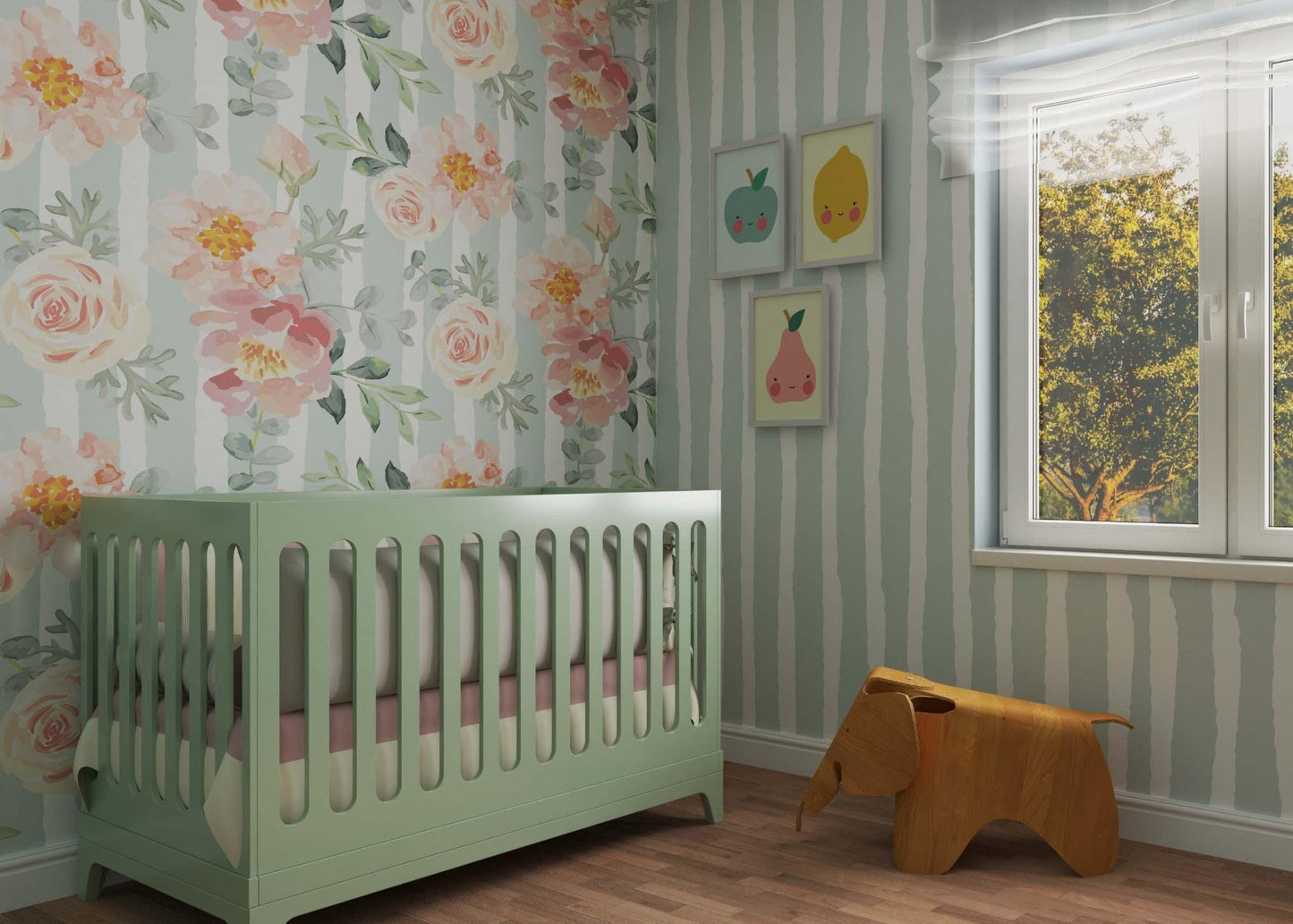 floral wallpaper on a pastel green striped backround perfect for a nursery bedroom