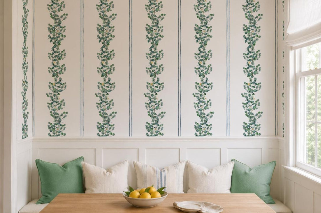 Renter-friendly wallpaper in a bright kitche-dining room nook