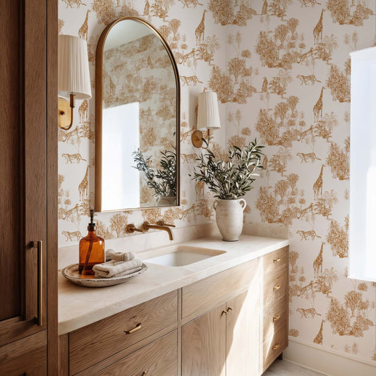 cat-610804236616 Savannah toile wallpaper with African wildlife and botanical illustrations in a bathroom.