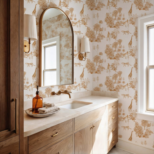 cat-610804236616 Savannah toile wallpaper with African wildlife and botanical illustrations in a bathroom.