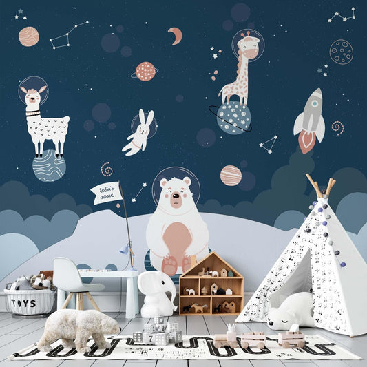 A child's room adorned with a space-themed mural showcasing a llama, giraffe, and bear among the stars.