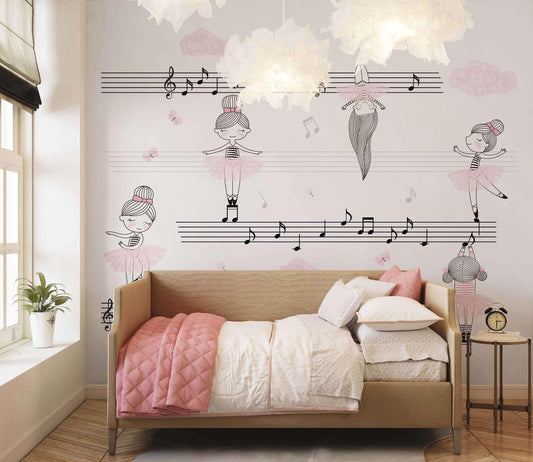 A young girl's room adorned with a pink and white ballerina mural, showcasing various dancers in different poses performing on pentagrams accompanied by musical notes.