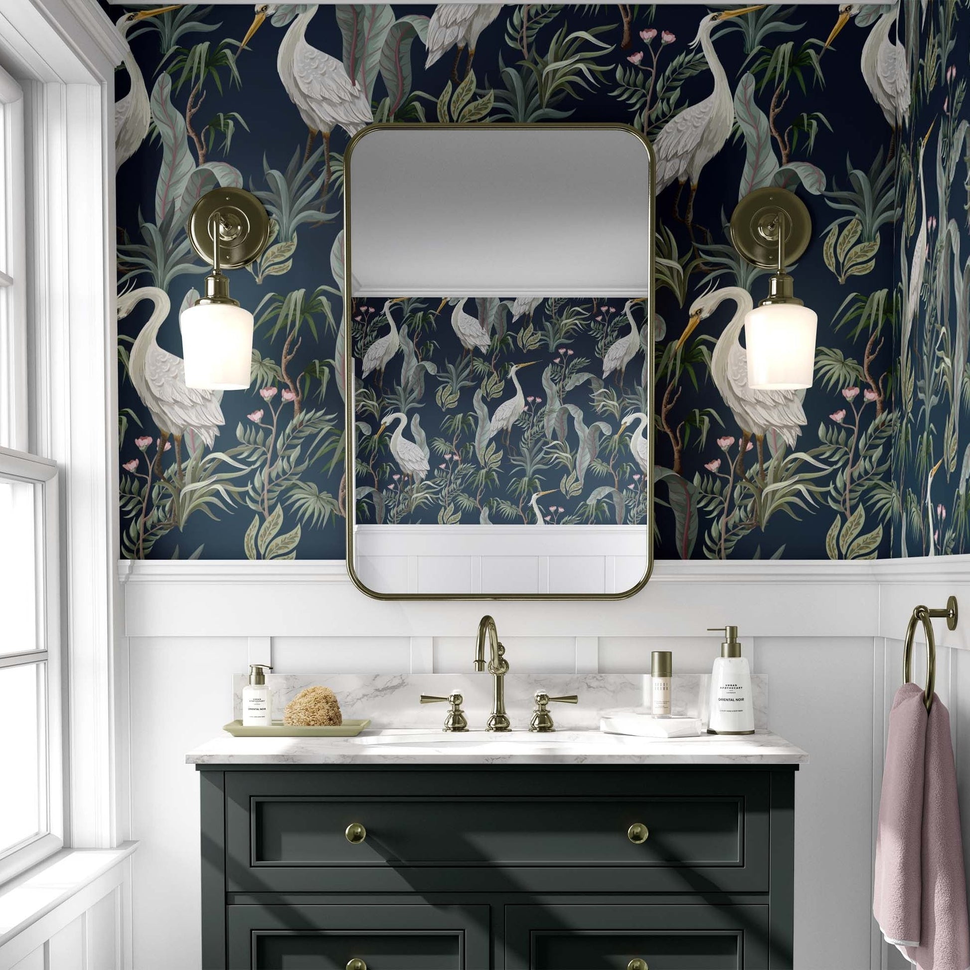 rest room with dark wallpaper and a dark grey vanity